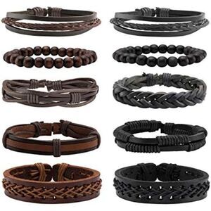 Braided Leather Bracelet for Men Women Wooden 10 Pcs Beaded Bracelets Wrap